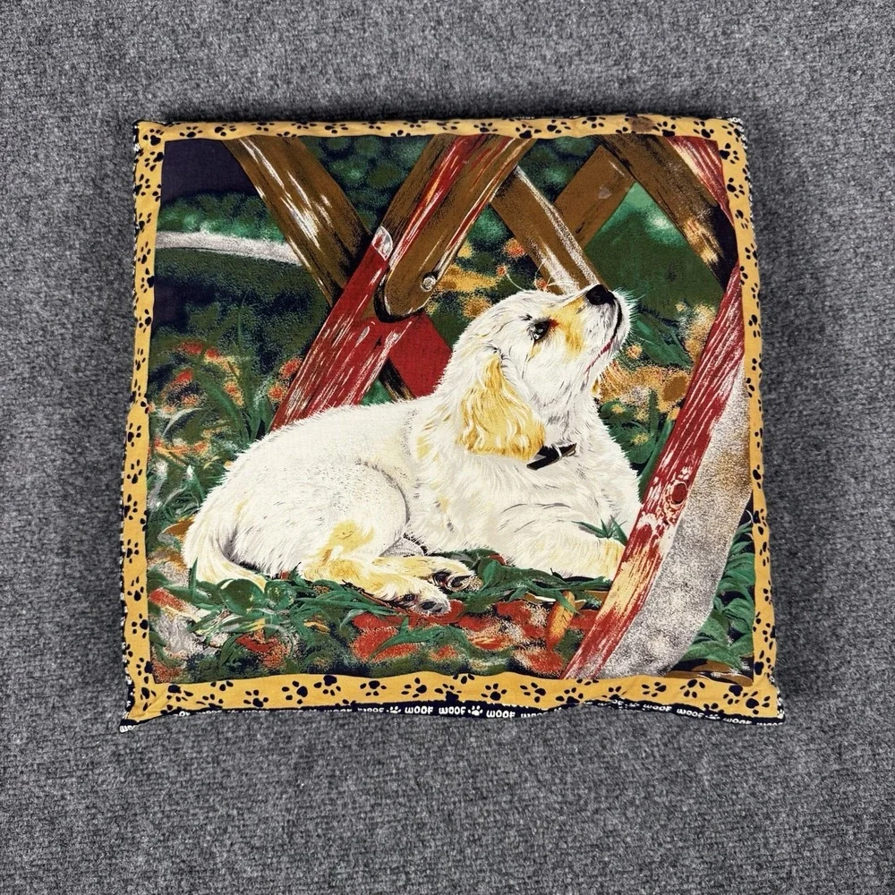 Vintage Dog Cushion Pillow Country Rustic Puppy Garden Scene Yellow Border Craft